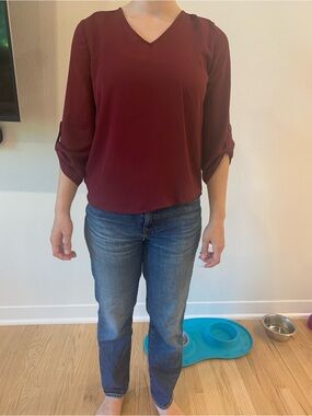 Burgundy V-Neck Long Sleeve Blouse